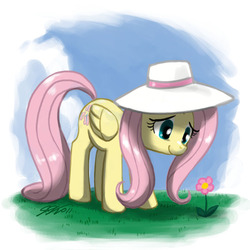 Size: 900x900 | Tagged: safe, artist:johnjoseco, fluttershy, pegasus, pony, g4, female, flower, folded wings, grass, hat, mare, signature, sky, smiling, solo, sun hat, wings