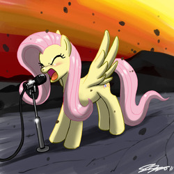 Size: 900x900 | Tagged: safe, artist:johnjoseco, fluttershy, pegasus, pony, g4, eyes closed, female, mare, microphone, singing, solo