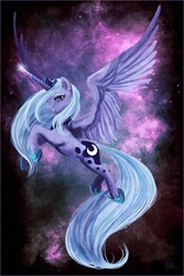 Size: 733x1100 | Tagged: safe, artist:cosmicunicorn, princess luna, alicorn, pony, g4, female, flying, glowing horn, horn, mare, nebula, s1 luna, solo, space, spread wings