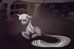 Size: 1200x800 | Tagged: dead source, safe, artist:cosmicunicorn, twilight sparkle, pony, unicorn, g4, black sclera, feels, female, golden oaks library, library, mare, old, older, older twilight, prone, solo, white hair