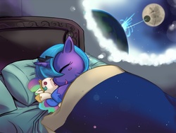 Size: 800x600 | Tagged: safe, artist:bakki, princess celestia, princess luna, alicorn, pony, g4, bed, blushing, crossover, cute, death star, dream, female, filly, foal, lying down, lying on bed, on bed, pillow, plushie, sleeping, solo, star wars, woona