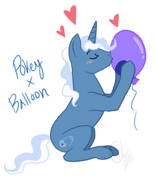 Size: 453x507 | Tagged: dead source, safe, artist:cartoonlion, pokey pierce, pony, unicorn, g4, balloon, blushing, cargo ship, heart, kissing, male, party balloon, ship:pokeyloon, shipping, simple background, sitting, solo, stallion, that pony sure does love balloons, this will end in tears and/or death, white background