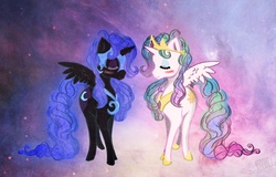 Size: 1100x703 | Tagged: safe, artist:cosmicunicorn, nightmare moon, princess celestia, alicorn, pony, g4, abstract background, alternate hairstyle, blushing, curly hair, duo, eyes closed, female, mare