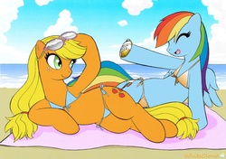 Size: 1690x1190 | Tagged: safe, artist:aoi takayuki, artist:whitecloud72988, applejack, rainbow dash, earth pony, pegasus, pony, g4, beach, bikini, clothes, female, mare, side-tie bikini, sunglasses, swimsuit, water