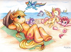 Size: 1000x728 | Tagged: dead source, safe, artist:qiisnii, applejack, derpy hooves, fluttershy, pinkie pie, rainbow dash, rarity, twilight sparkle, earth pony, pegasus, pony, unicorn, g4, anatomically incorrect, beach, colored pencil drawing, female, incorrect leg anatomy, mane six, mare, on back, pencil drawing, traditional art, unicorn twilight, water