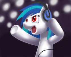 Size: 1000x800 | Tagged: safe, artist:phoenix-conrad, dj pon-3, vinyl scratch, pony, unicorn, g4, female, headphones, mare, red eyes, solo, underhoof, wrong eye color