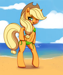 Size: 737x885 | Tagged: safe, artist:verrmont, applejack, earth pony, pony, semi-anthro, g4, beach, belly button, bikini, bipedal, blushing, clothes, female, green swimsuit, one eye closed, side-tie bikini, solo, swimsuit