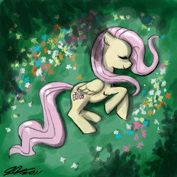 Size: 900x900 | Tagged: safe, artist:johnjoseco, fluttershy, pegasus, pony, g4, female, flower, high angle, mare, on side, sleeping, solo