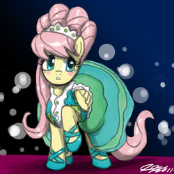 Size: 900x900 | Tagged: safe, artist:johnjoseco, fluttershy, pegasus, pony, g4, alternate hairstyle, clothes, dress, female, flutterbeautiful, hoof shoes, mare, modelshy, raised hoof, solo