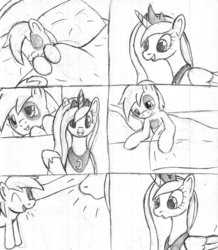 Size: 696x800 | Tagged: safe, artist:tg-0, pipsqueak, princess luna, alicorn, earth pony, pony, g4, bed, colt, comic, female, male, mare, monochrome, no dialogue, ship:lunapip, shipping, straight