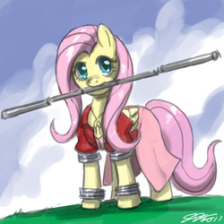 Size: 900x900 | Tagged: safe, artist:johnjoseco, fluttershy, pegasus, pony, g4, aerith gainsborough, clothes, crossover, female, final fantasy, final fantasy vii, mare, mouth hold, solo, staff