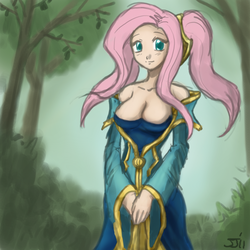 Size: 700x700 | Tagged: safe, artist:johnjoseco, fluttershy, human, g4, breasts, busty fluttershy, crossover, female, humanized, league of legends, solo, sona
