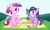 Size: 1347x795 | Tagged: safe, artist:041744, princess cadance, smarty pants, twilight sparkle, alicorn, pony, unicorn, g4, duo, female, filly, filly cadance, filly twilight sparkle, foal, picnic blanket, sitting, teen princess cadance, unicorn twilight, younger