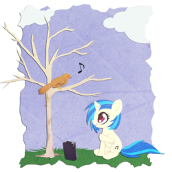 Size: 750x750 | Tagged: safe, artist:rizcifra, dj pon-3, vinyl scratch, bird, pony, unicorn, g4, bare tree, cloud, cloudy, female, filly, music notes, simple background, sitting, solo, transparent background, tree
