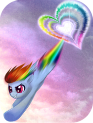 Size: 525x700 | Tagged: safe, artist:rizcifra, rainbow dash, pegasus, pony, g4, action pose, female, flying, heart, mare, solo, sonic rainboom