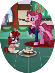 Size: 800x1050 | Tagged: safe, artist:rizcifra, pinkie pie, twist, earth pony, pony, g4, antlers, cake, candy, candy cane, christmas, clothes, cupcake, duo, fake antlers, female, filly, food, glasses, mare, mouth hold, red nose, sugar cane