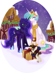 Size: 800x1050 | Tagged: safe, artist:rizcifra, pipsqueak, princess celestia, princess luna, alicorn, earth pony, pony, g4, christmas, clothes, colt, eyes closed, female, hat, hearth's warming eve, male, mare, present, scarf, ship:lunapip, shipping, snow, snowfall, straight, sweet, trio