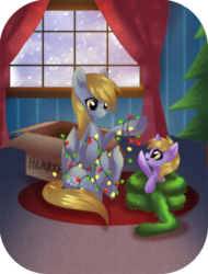 Size: 800x1050 | Tagged: safe, artist:rizcifra, derpy hooves, dinky hooves, pegasus, pony, unicorn, g4, box, christmas, duo, equestria's best mother, female, filly, hearth's warming, lights, mare, mother and daughter, sitting, tangled up