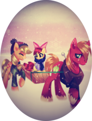 Size: 800x1050 | Tagged: safe, artist:rizcifra, apple bloom, applejack, big macintosh, earth pony, pony, g4, clothes, female, filly, male, mare, oval, pulling, scarf, simple background, sled, stallion, transparent background
