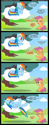 Size: 1250x3193 | Tagged: dead source, safe, artist:veggie55, rainbow dash, scootaloo, pegasus, pony, g4, cloud, comic, eyes closed, female, filly, floppy ears, foal, grin, hooves, lying on a cloud, mare, on a cloud, on back, prone, sad, scootaloo can't fly, sitting, smiling, spread wings, tree, wings