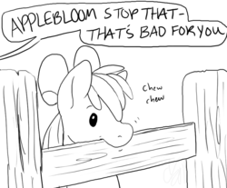 Size: 838x694 | Tagged: safe, artist:cartoonlion, apple bloom, earth pony, pony, g4, cribbing, dot eyes, female, fence, filly, grayscale, hoers, horses doing horse things, monochrome, offscreen character, solo, speech bubble, three quarter view