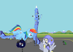 Size: 2900x2054 | Tagged: safe, artist:lonewolf3878, derpy hooves, rainbow dash, oc, pegasus, pony, g4, aircraft, clothes, costume, f-14 tomcat, female, fighter, high res, jet, jet fighter, mare, new lunar republic, plane, shadowbolts, shadowbolts uniform, warplane