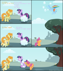 Size: 1600x1794 | Tagged: safe, artist:lumorn, carrot top, golden harvest, noi, scootaloo, spike, twilight sparkle, earth pony, pegasus, pony, unicorn, g4, ..., carrot, cloud, cloud busting, cloud storage, cloudy, comic, copying, female, filly, food, frown, looking up, mare, mouth hold, open mouth, raised hoof, sitting, smiling, spread wings, unicorn twilight, wide eyes