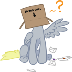 Size: 574x573 | Tagged: safe, artist:blackfeathr, derpy hooves, pegasus, pony, g4, box, cute, derpabetes, female, mail, mare, ponibooru, question mark, simple background, sitting, solo, transparent background