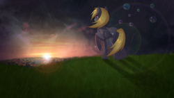Size: 1920x1080 | Tagged: safe, artist:rizcifra, derpy hooves, pegasus, pony, g4, bubble, epic derpy, female, lens flare, mare, ponyville, rain, raised hoof, scenery, solo, sunset, wallpaper, windswept mane