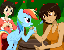 Size: 1000x776 | Tagged: safe, artist:empyu, rainbow dash, human, pegasus, pony, g4, aida kaori, arm wrestling, azumanga daioh, barrel, crossover, female, kagura, kaorin, mare, trio