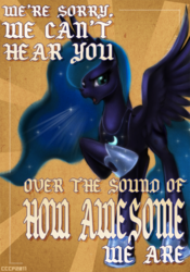 Size: 700x1000 | Tagged: safe, artist:rizcifra, princess luna, alicorn, pony, g4, abstract background, blackletter, caption, female, mare, poster, raised hoof, solo, traditional royal canterlot voice