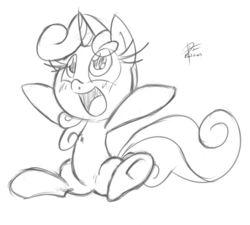 Size: 1619x1457 | Tagged: safe, artist:leadhooves, sweetie belle, pony, unicorn, g4, female, filly, happy, monochrome, sketch, solo