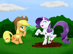 Size: 1000x744 | Tagged: safe, artist:empyu, applejack, rarity, earth pony, pony, unicorn, g4, body swap, dirty, duo, female, grass, hilarious in hindsight, mare, mud, muddy, outdoors, pinkity, rarihick, rarity loves mud, stressed