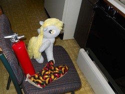 Size: 600x450 | Tagged: safe, artist:eratosofcyrene, derpy hooves, pegasus, pony, g4, female, fire extinguisher, irl, mare, oven, oven mitt, photo, plushie, solo