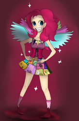 Size: 555x850 | Tagged: safe, artist:newdidda, pinkie pie, human, fanfic:cupcakes, g4, clothes, cutie mark dress, dress, female, grin, horn, horn necklace, humanized, necklace, pinkamena diane pie, severed horn, smiling, solo, wings