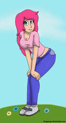 Size: 1000x1855 | Tagged: safe, artist:dragomyr, pinkie pie, human, g4, cleavage, clothes, female, humanized, midriff, shirt, solo