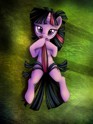 Size: 1200x1600 | Tagged: source needed, safe, artist:rainbow, twilight sparkle, pony, unicorn, g4, abstract background, adorasexy, bedroom eyes, belly, both cutie marks, covering, cute, female, hair, looking at you, mare, on back, overhead view, reclining, sexy, solo, stupid sexy twilight, tail, tail covering, unicorn twilight