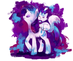 Size: 3000x2500 | Tagged: safe, artist:cuteskitty, opalescence, rarity, cat, pony, unicorn, g4, abstract background, duo, duo female, eyebrows, eyes closed, eyeshadow, female, high res, makeup, mare, opalescence riding rarity, painterly, profile, riding, signature, smiling, traditional art, watercolor painting