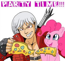 Size: 591x549 | Tagged: safe, artist:madmax, pinkie pie, earth pony, pony, g4, anchovies, crazy awesome, crossover, dante (devil may cry), devil may cry, devil may cry 3, female, flower, food, male, mare, meat, mushroom, pepperoni, pizza, simple background, white background