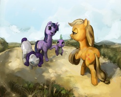 Size: 900x719 | Tagged: dead source, safe, artist:php90, applejack, rarity, spike, twilight sparkle, dragon, earth pony, pony, unicorn, g4, bonjour monsieur courbet, bowing, butt, female, fine art parody, gustave courbet, male, mare, plot, raised hoof