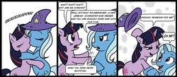 Size: 1000x437 | Tagged: safe, artist:madmax, trixie, twilight sparkle, pony, unicorn, g4, clothes, comic, confused, duo, female, hat, kiss on the lips, kissing, lesbian, mare, oh my, ship:twixie, shipping, trixie's hat, unicorn twilight