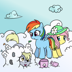 Size: 1000x1000 | Tagged: safe, artist:madmax, artist:pacce, derpy hooves, fluttershy, rainbow dash, pegasus, pony, g4, blank flank, cloud, female, filly, foal, hat, hooves, on a cloud, open mouth, standing on a cloud, wings, younger