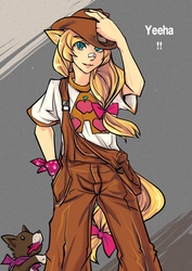 Size: 495x700 | Tagged: safe, artist:bakki, applejack, winona, dog, human, g4, abstract background, clothes, cutie mark on clothes, dialogue, eared humanization, exclamation point, female, humanized, misspelling, overalls, tailed humanization
