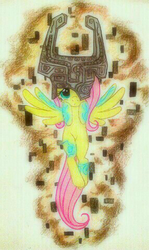 Size: 572x960 | Tagged: safe, artist:peachpalette, fluttershy, pegasus, pony, g4, crossover, female, flying, mare, midna, nintendo, photo, solo, the legend of zelda, the legend of zelda: twilight princess, traditional art