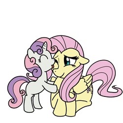 Size: 1000x1000 | Tagged: safe, artist:madmax, fluttershy, sweetie belle, pegasus, pony, unicorn, g4, duo, female, filly, floppy ears, licking, mare, prone, simple background, white background