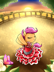 Size: 900x1200 | Tagged: safe, artist:madmax, scootaloo, butterfly, pegasus, pony, g4, clothes, dancing, dress, eyes closed, female, filly, flamenco, solo, sunset