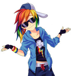 Size: 750x784 | Tagged: safe, artist:semehammer, rainbow dash, human, g4, cap, clothes, cutie mark on clothes, female, fingerless gloves, glasses, gloves, hat, humanized, looking at you, midriff, rainbow dash always dresses in style, shrug, shrugpony, simple background, solo, swag, white background