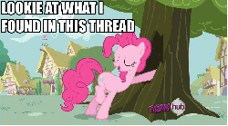 Size: 900x501 | Tagged: artist needed, safe, edit, edited screencap, screencap, pinkie pie, oc, oc:ticket, alicorn, earth pony, pony, g4, it's about time, season 2, alicorn oc, all new, animated, caption, cutie mark, female, filly, foal, gif, hub logo, logo, looking at you, mare, text, the hub, thread