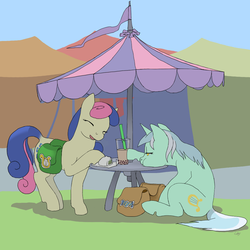 Size: 1000x1000 | Tagged: safe, artist:cabyowl, bon bon, lyra heartstrings, sweetie drops, earth pony, pony, unicorn, g4, putting your hoof down, bubble tea, drink, female, food, lesbian, mare, saddle bag, ship:lyrabon, shipping, table