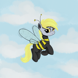 Size: 1500x1500 | Tagged: safe, artist:scootiecutie, derpy hooves, bee, pegasus, pony, g4, animal costume, antennae, bee costume, clothes, cloud, costume, derpbee hooves, female, flying, mare, solo